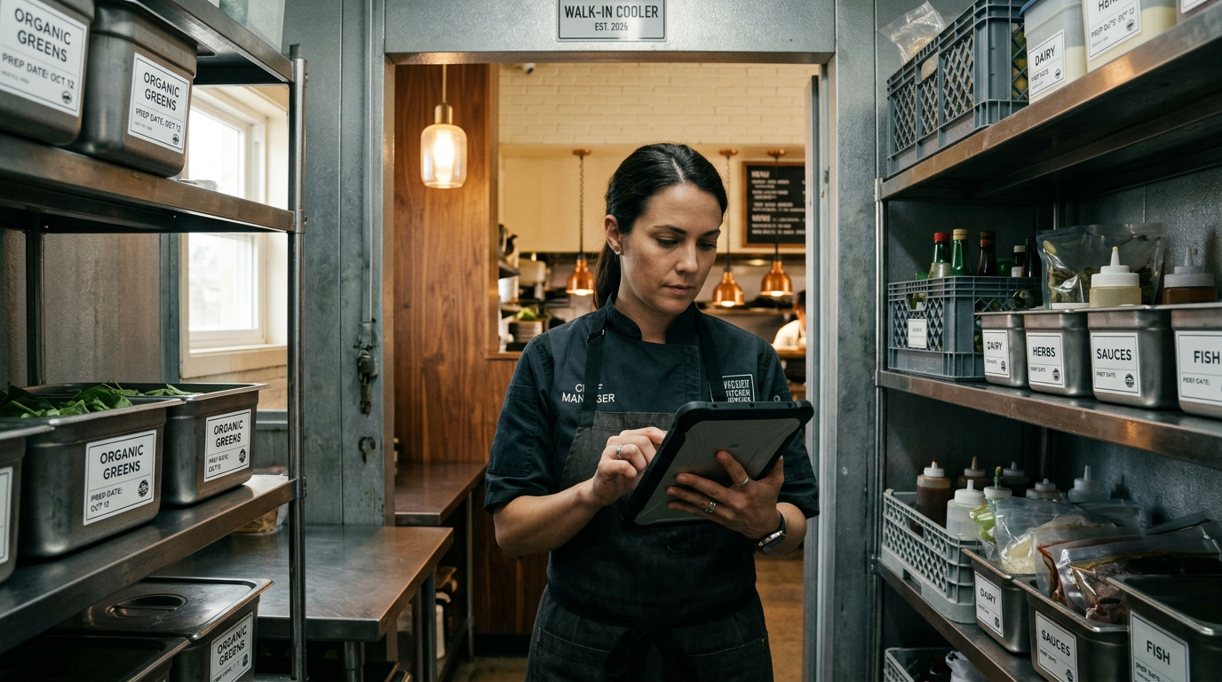 Chef manager checking inventory on tablet in restaurant walk-in cooler