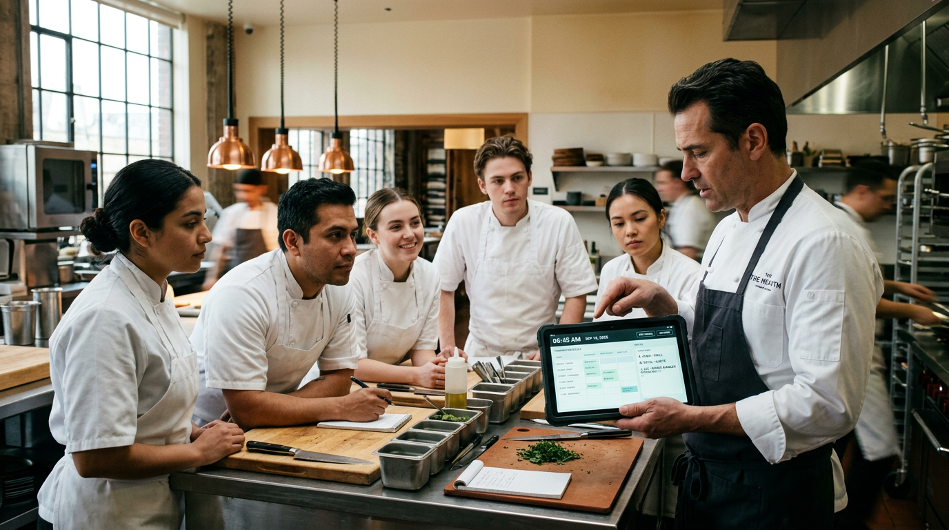 Head chef showing digital scheduling screen to kitchen team during morning briefing