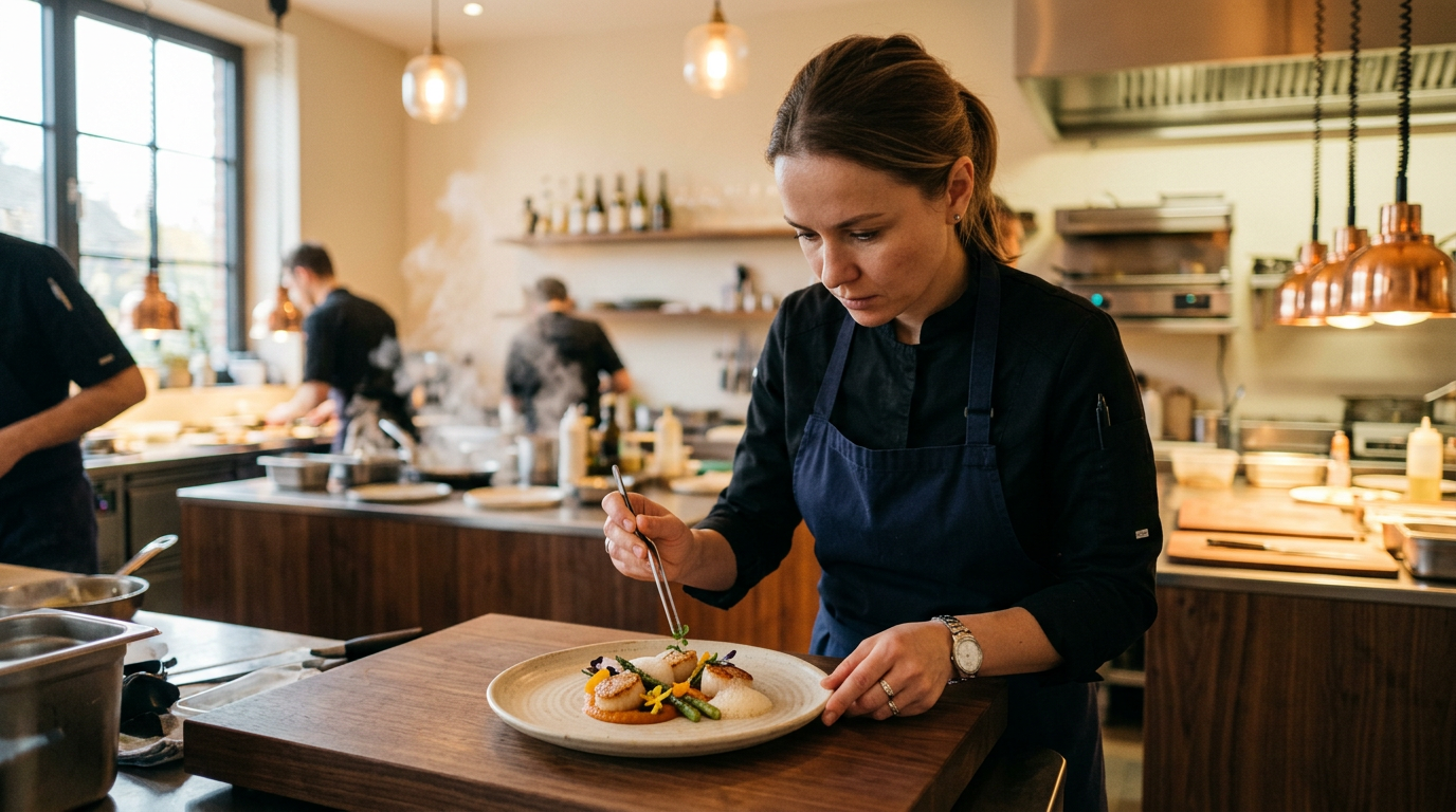 Chef plating dish in commercial kitchen with AI-assisted menu engineering