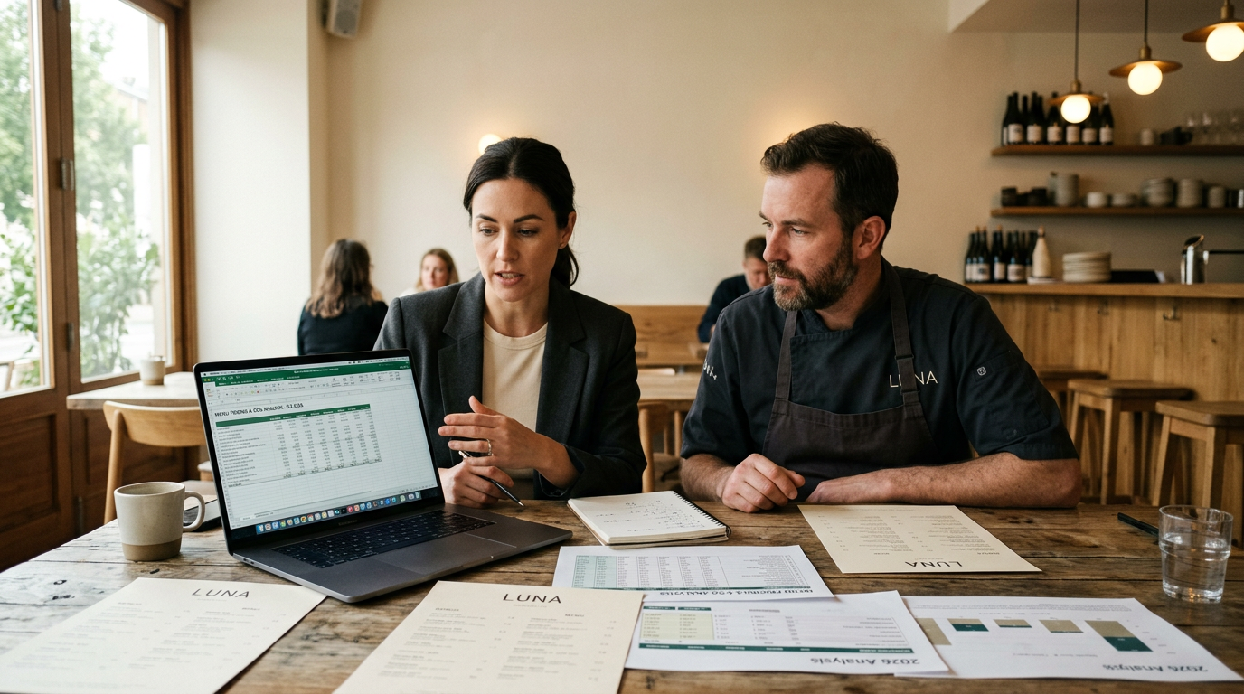 Professional chef analyzing menu pricing data on tablet in modern restaurant kitchen