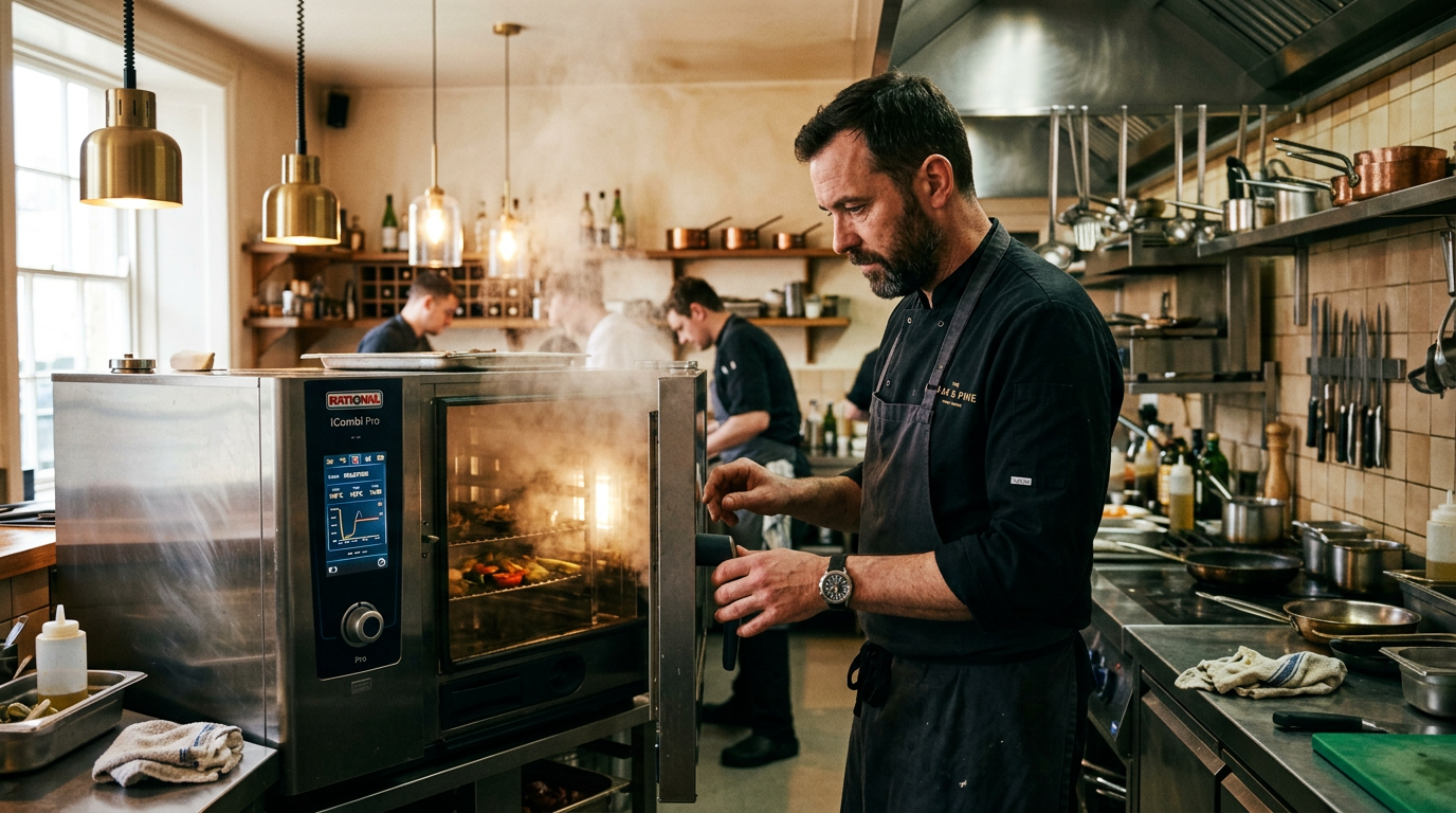 Professional chef using smart combi oven with digital touchscreen in commercial kitchen
