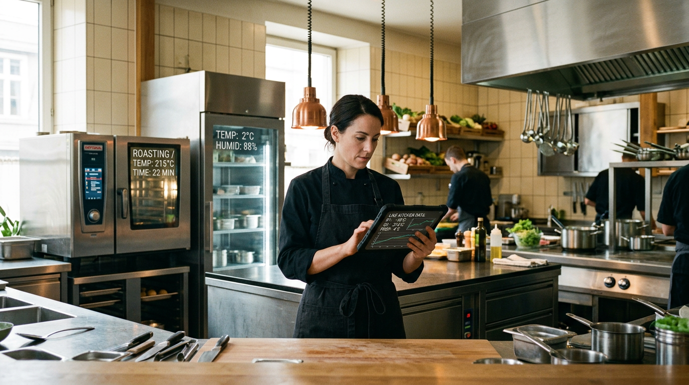 Modern commercial kitchen with smart IoT-connected equipment and digital displays