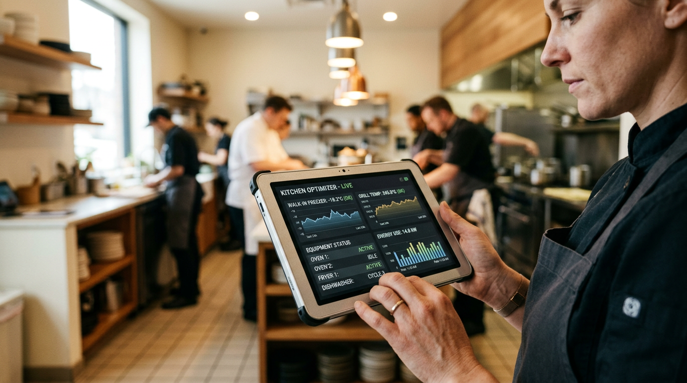 Kitchen manager using IoT dashboard tablet for real-time smart kitchen monitoring