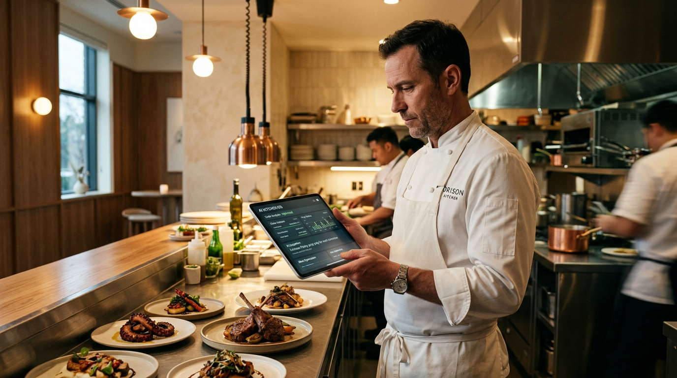 Professional chef using AI tablet assistant in modern commercial kitchen