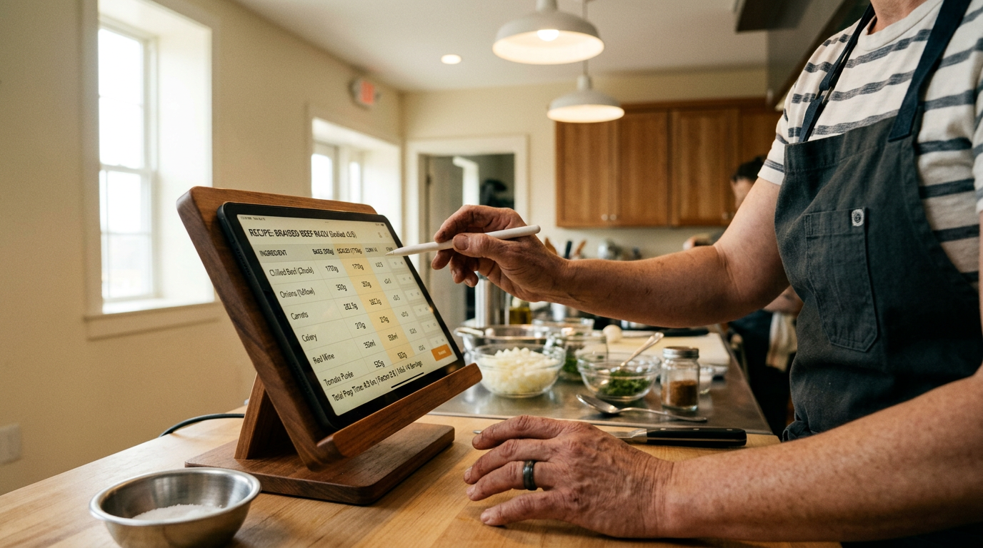 Chef using digital recipe scaling tool on screen with ingredient calculations
