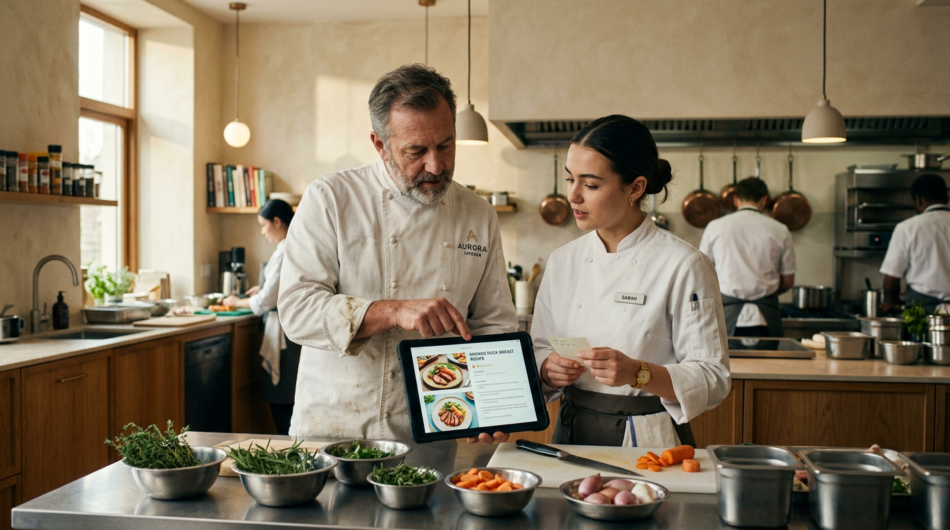 Head chef training kitchen team member with AI-powered tablet in professional kitchen