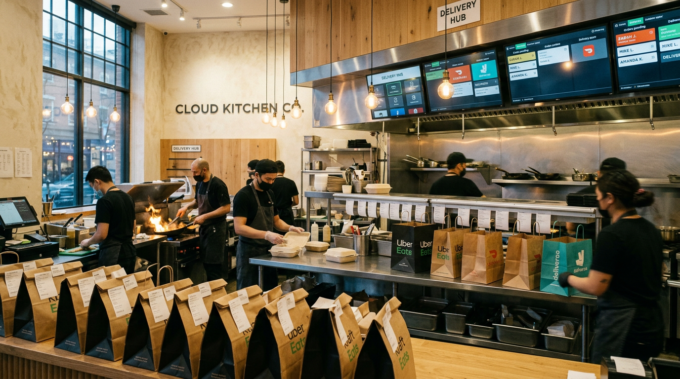 Busy ghost kitchen with multiple cooking stations and delivery order screens