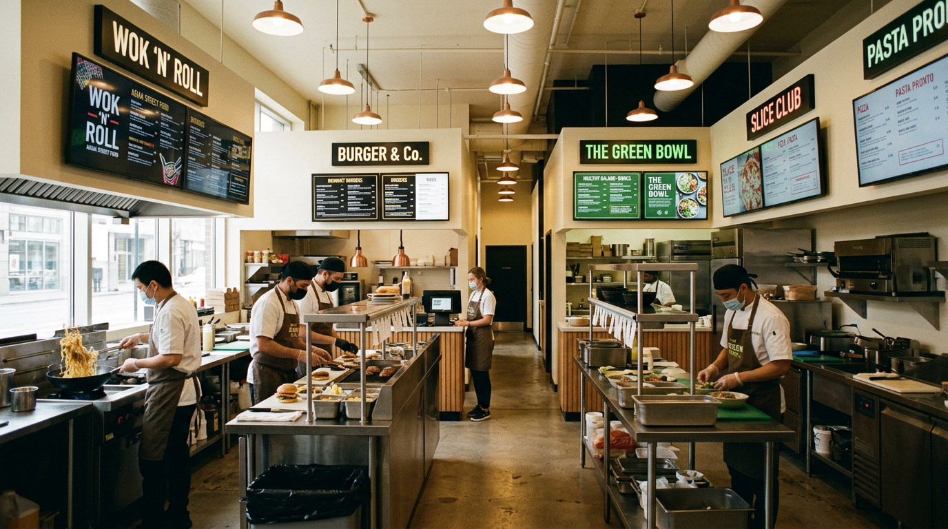 Commercial kitchen operating multiple virtual restaurant brands from one space