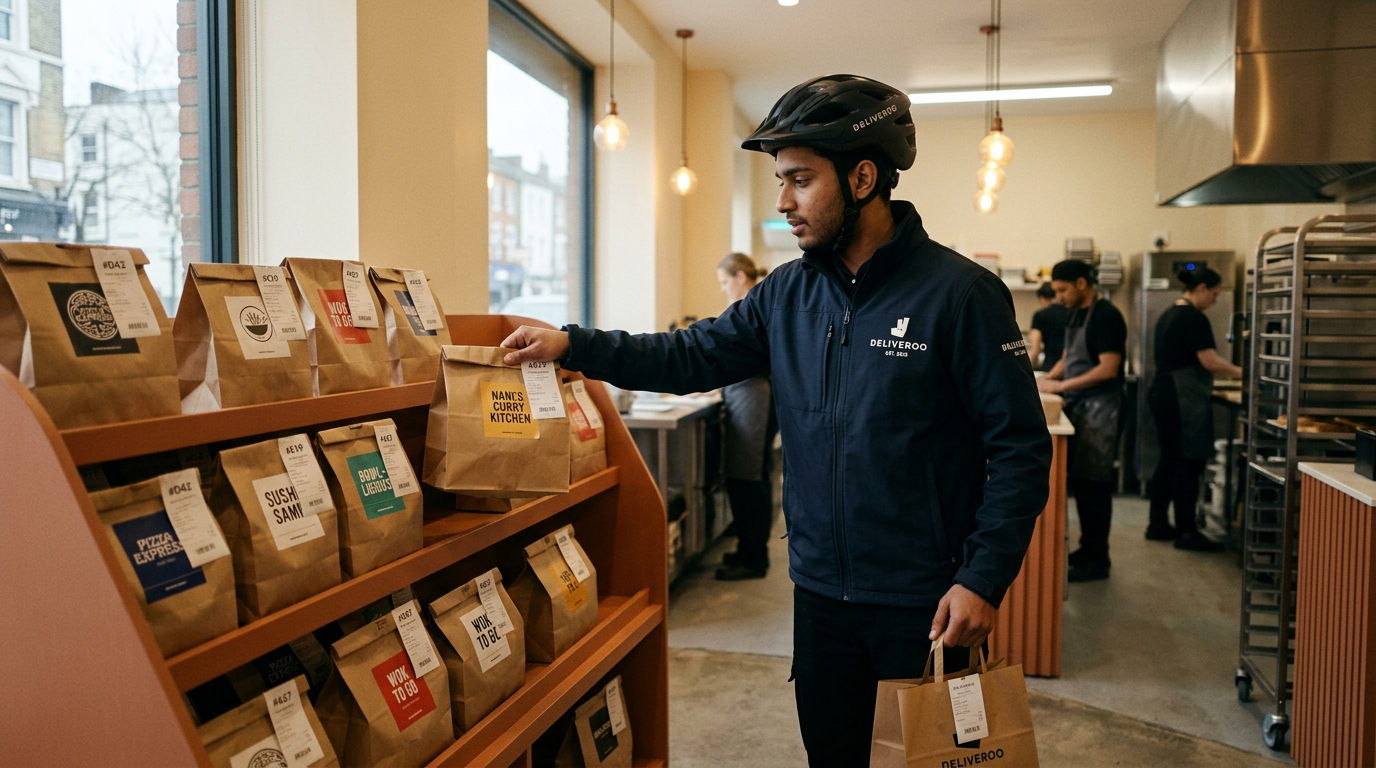 Delivery rider picking up packaged food orders from cloud kitchen pickup shelf