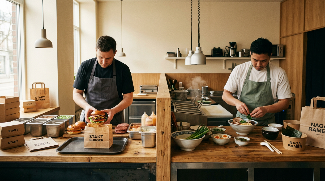 Split kitchen workspace showing two different food brand concepts side by side