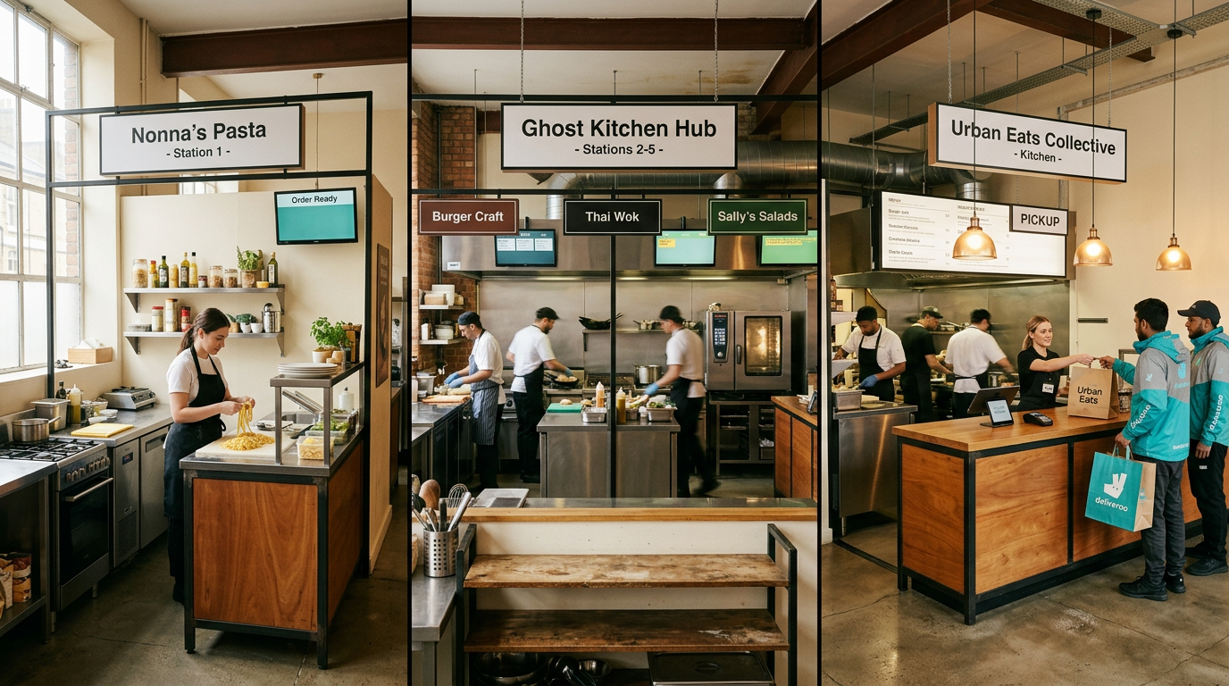 Three different virtual kitchen setups showing the spectrum of cloud ghost and dark kitchen types