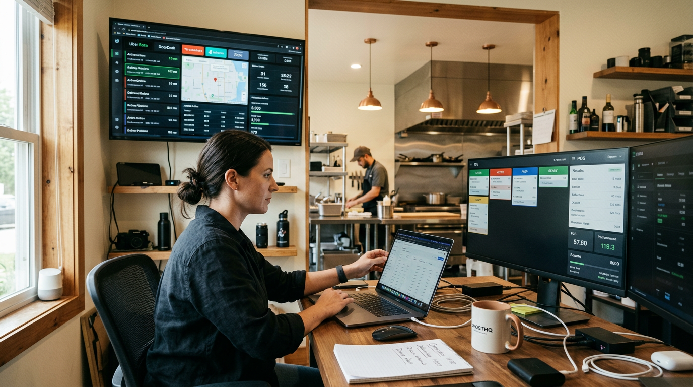 Ghost kitchen command center with multiple screens showing order management and analytics dashboards