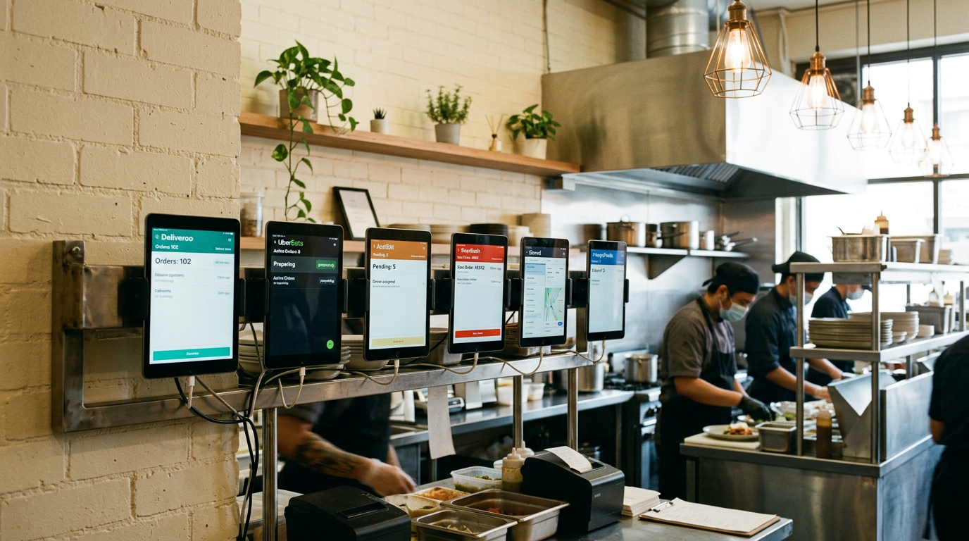 Row of delivery platform tablets mounted in ghost kitchen showing incoming orders