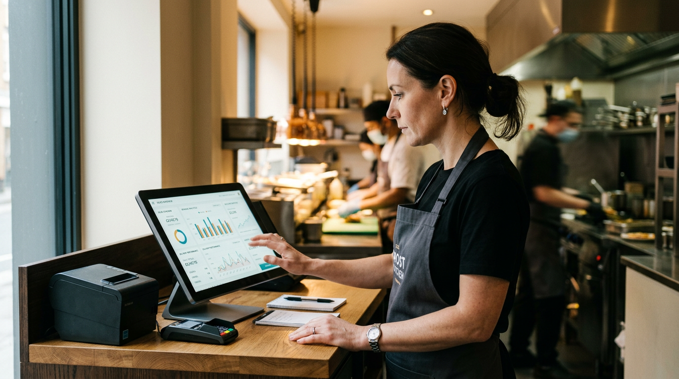 Kitchen manager reviewing POS sales analytics on touchscreen in ghost kitchen