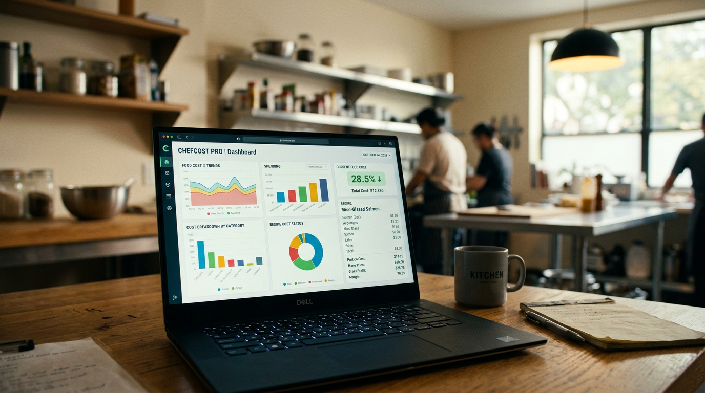 Recipe costing software dashboard showing food cost percentages and ingredient analysis