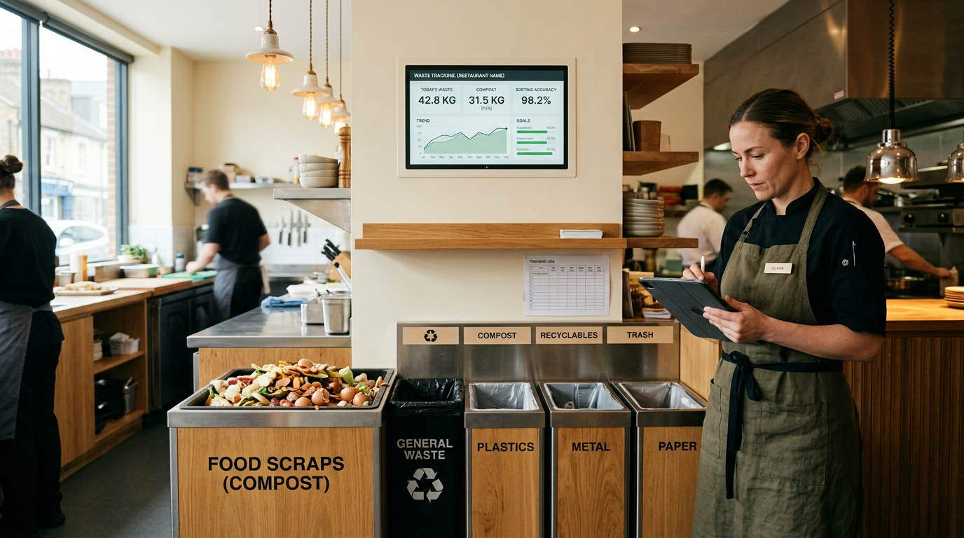 Commercial kitchen chef analyzing food waste data on AI-powered tablet