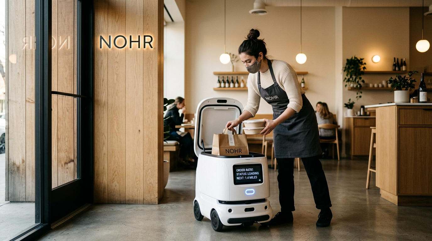Restaurant worker loading food into delivery robot
