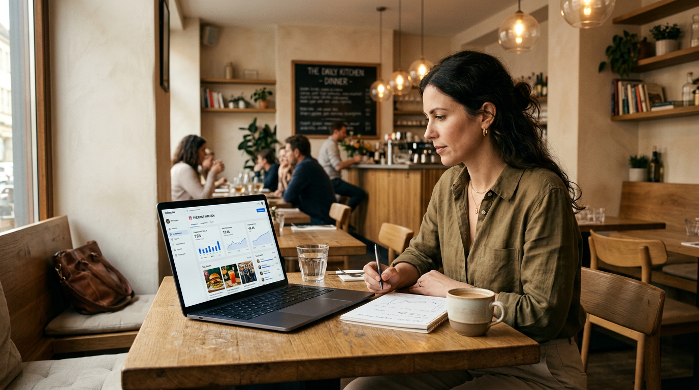 Restaurant owner reviewing marketing analytics on laptop in modern restaurant