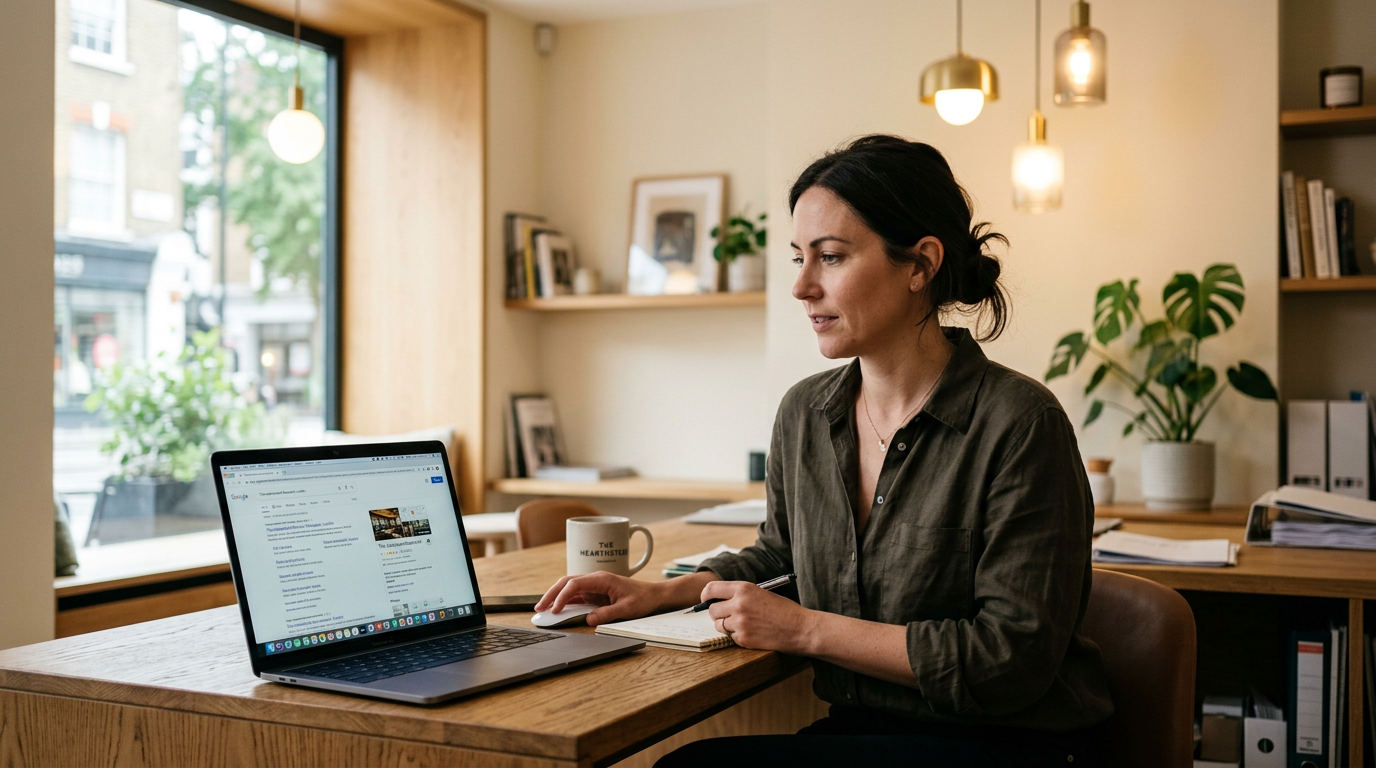 Restaurant manager looking at Google search results for restaurant on laptop