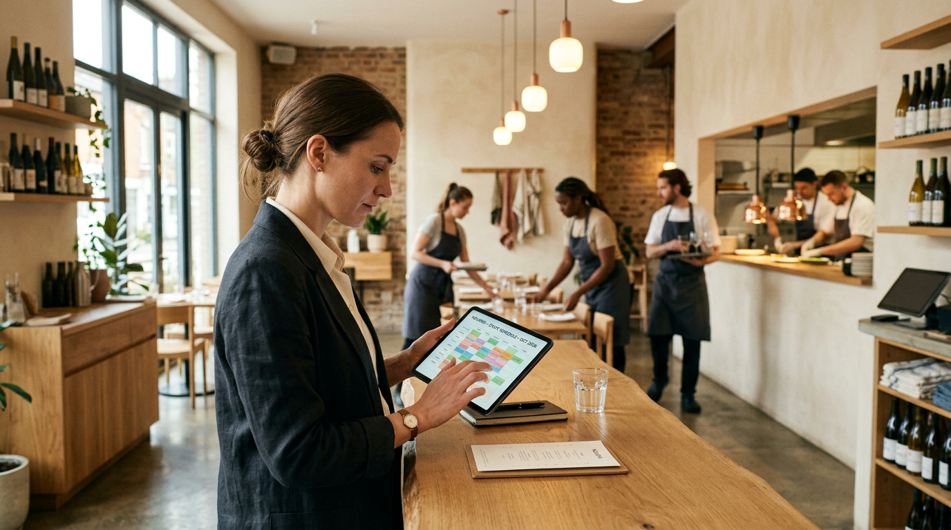 Restaurant manager reviewing staff schedules on tablet