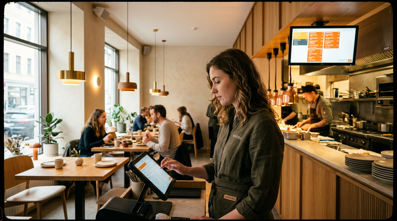Modern restaurant using tablet POS system with kitchen display in background