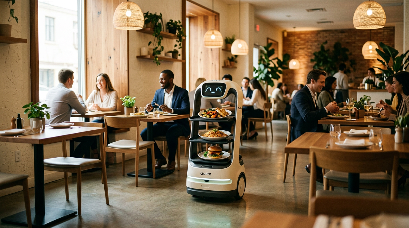 Food delivery robot carrying plates through restaurant
