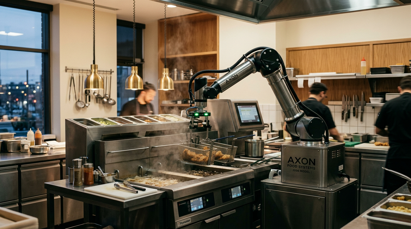 Robotic arm cooking at a fry station in a modern commercial kitchen