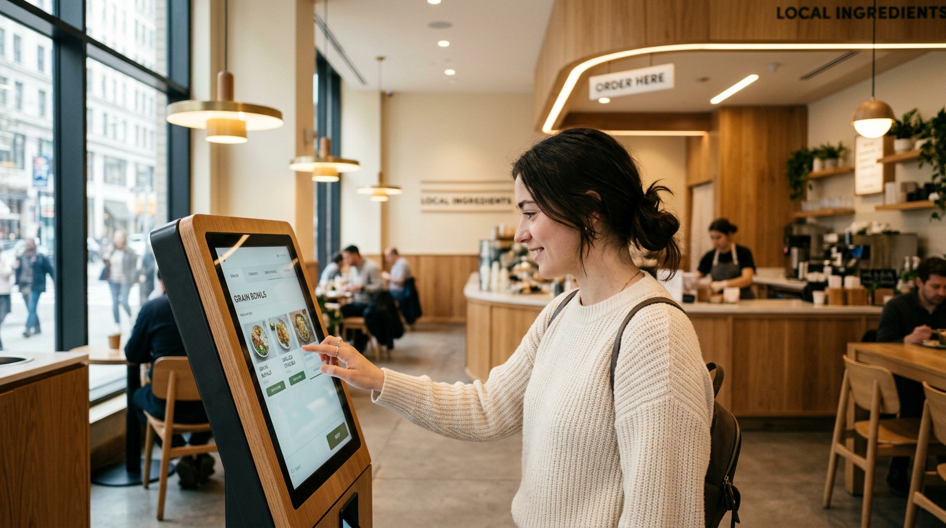 Restaurant guest using self-ordering kiosk touchscreen in modern fast-casual setting