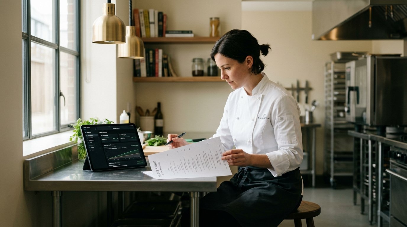Chef analyzing menu profitability metrics on kitchen tablet