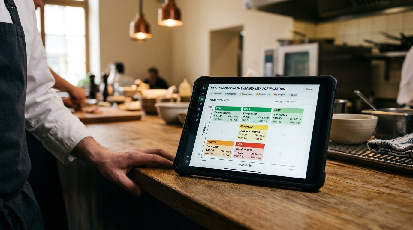 Restaurant manager reviewing menu engineering software dashboard on tablet