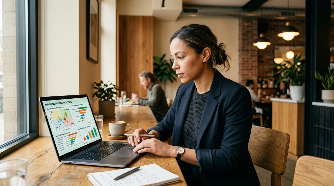 Restaurant operations manager reviewing menu engineering software analytics on laptop in modern bistro