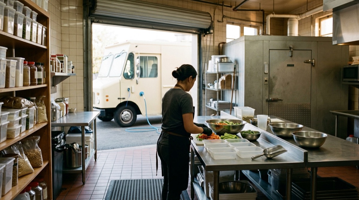 A cook portioning vegetables in a shared commissary kitchen while a food truck fills its fresh water tank at the loading door