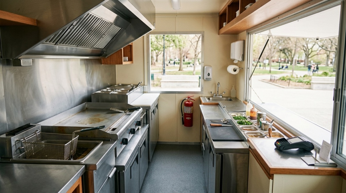 Inside a compact food truck kitchen: flat-top griddle and fryer under the hood, fire extinguisher, hand sink and card reader at the service window