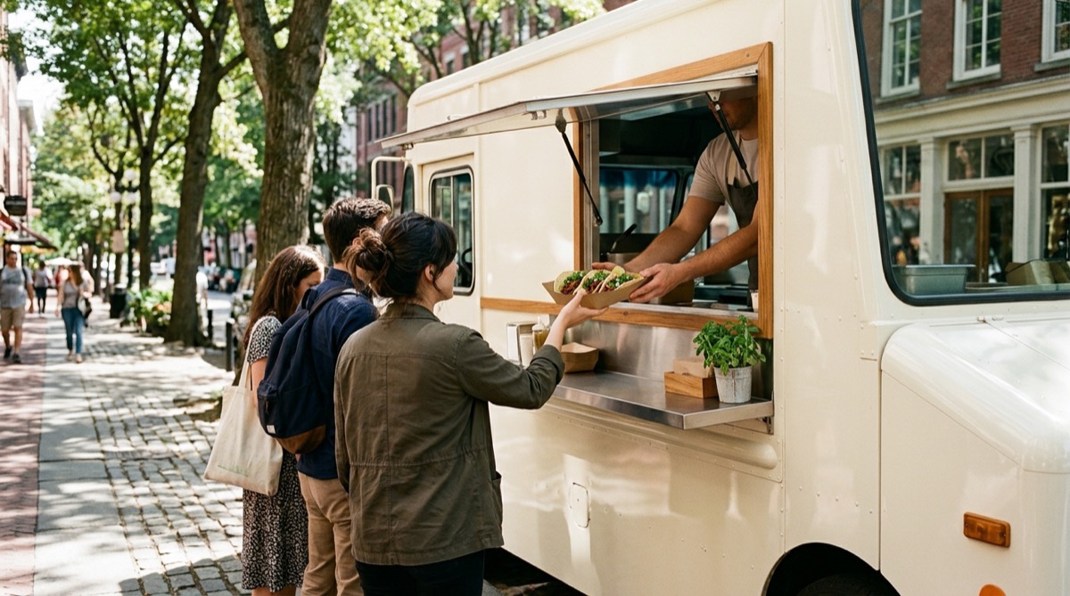 Customers ordering tacos at the service window of a cream food truck parked on a tree-lined city street