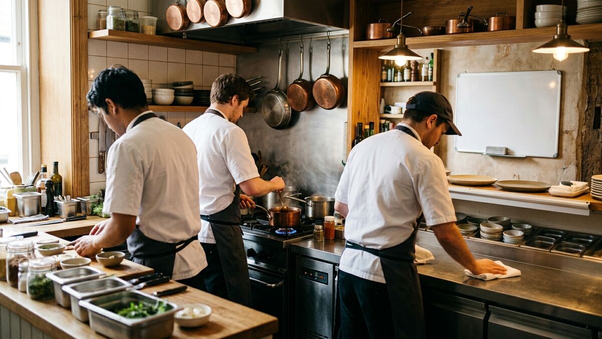 A small restaurant kitchen team of three cross-trained cooks sharing stations before service