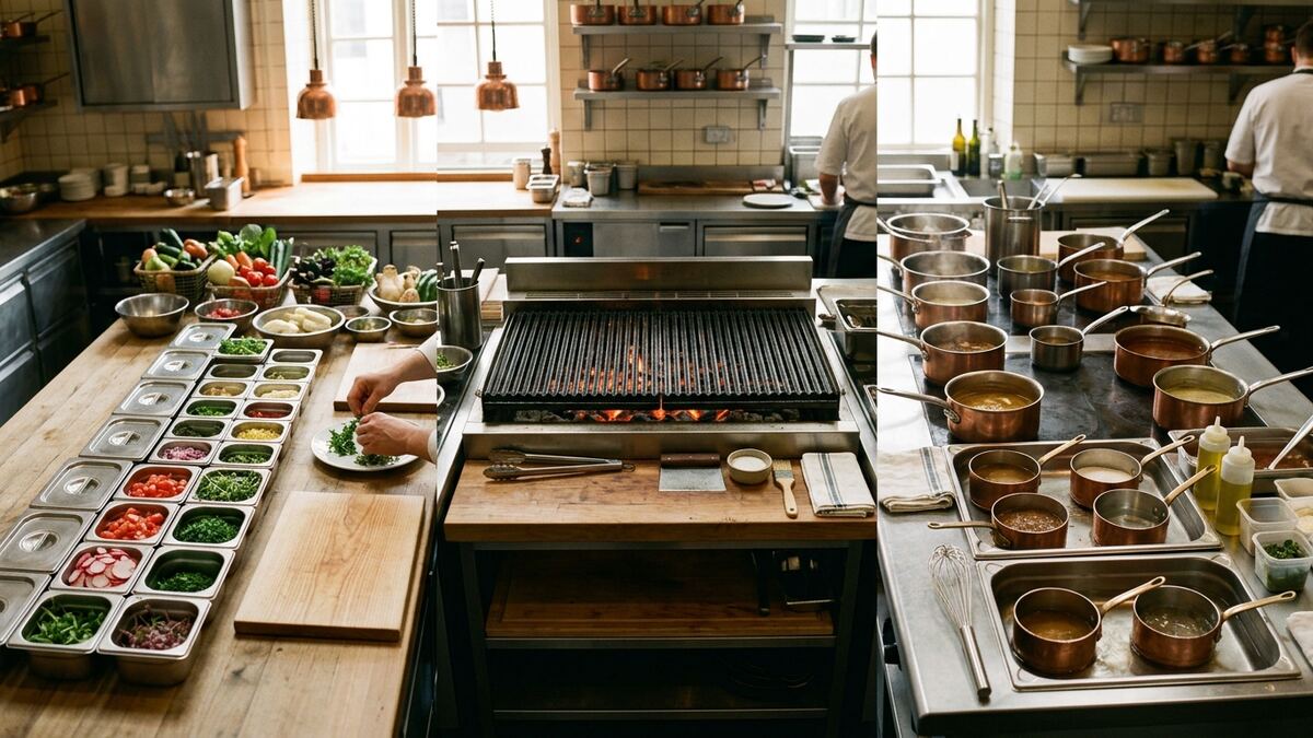 Classical kitchen stations side by side: sauce, grill and cold larder with mise en place ready