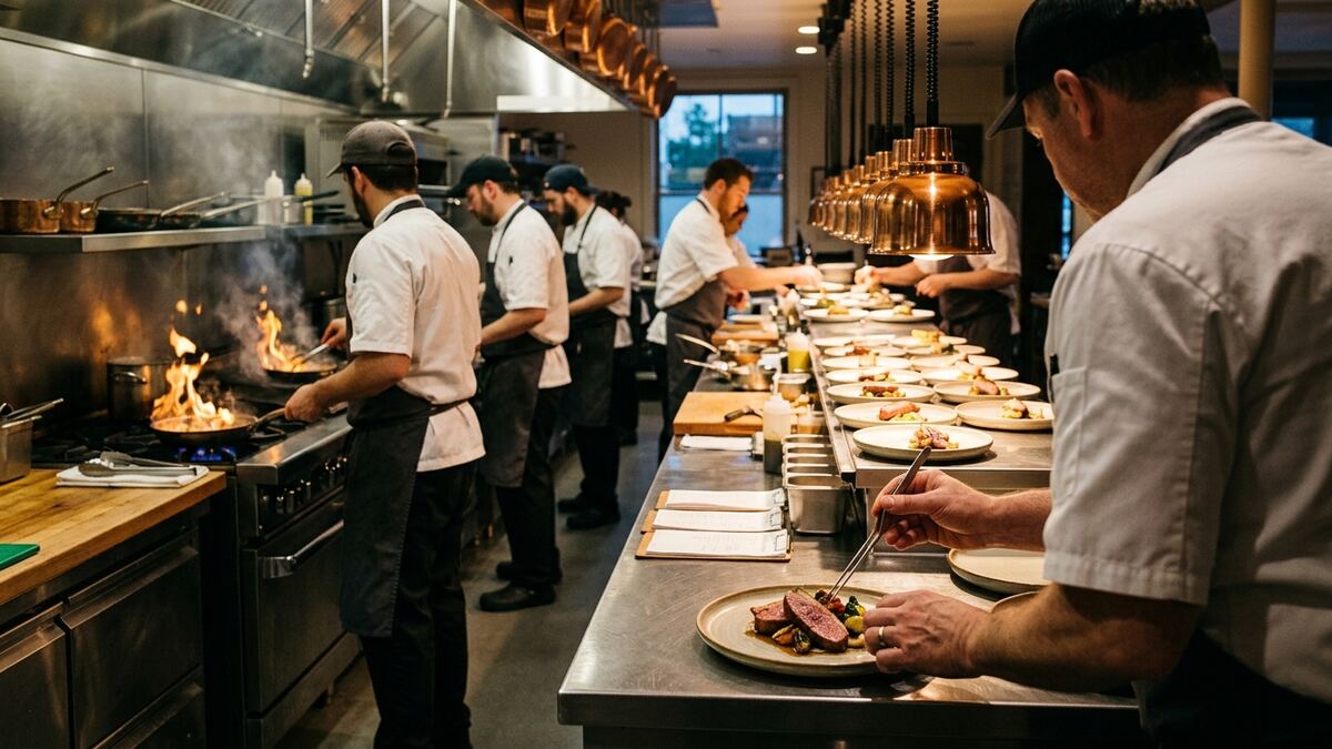 Line cooks working their stations during dinner service while the chef checks plates at the pass